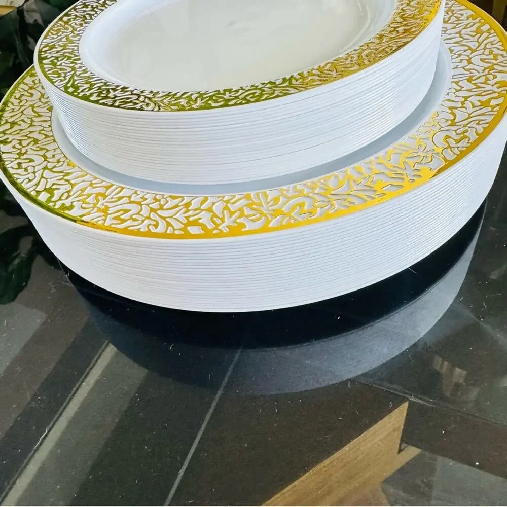 20 NEW Gold Swirl Rim White Plastic Disposable Party Plates Polka Dot Napkins